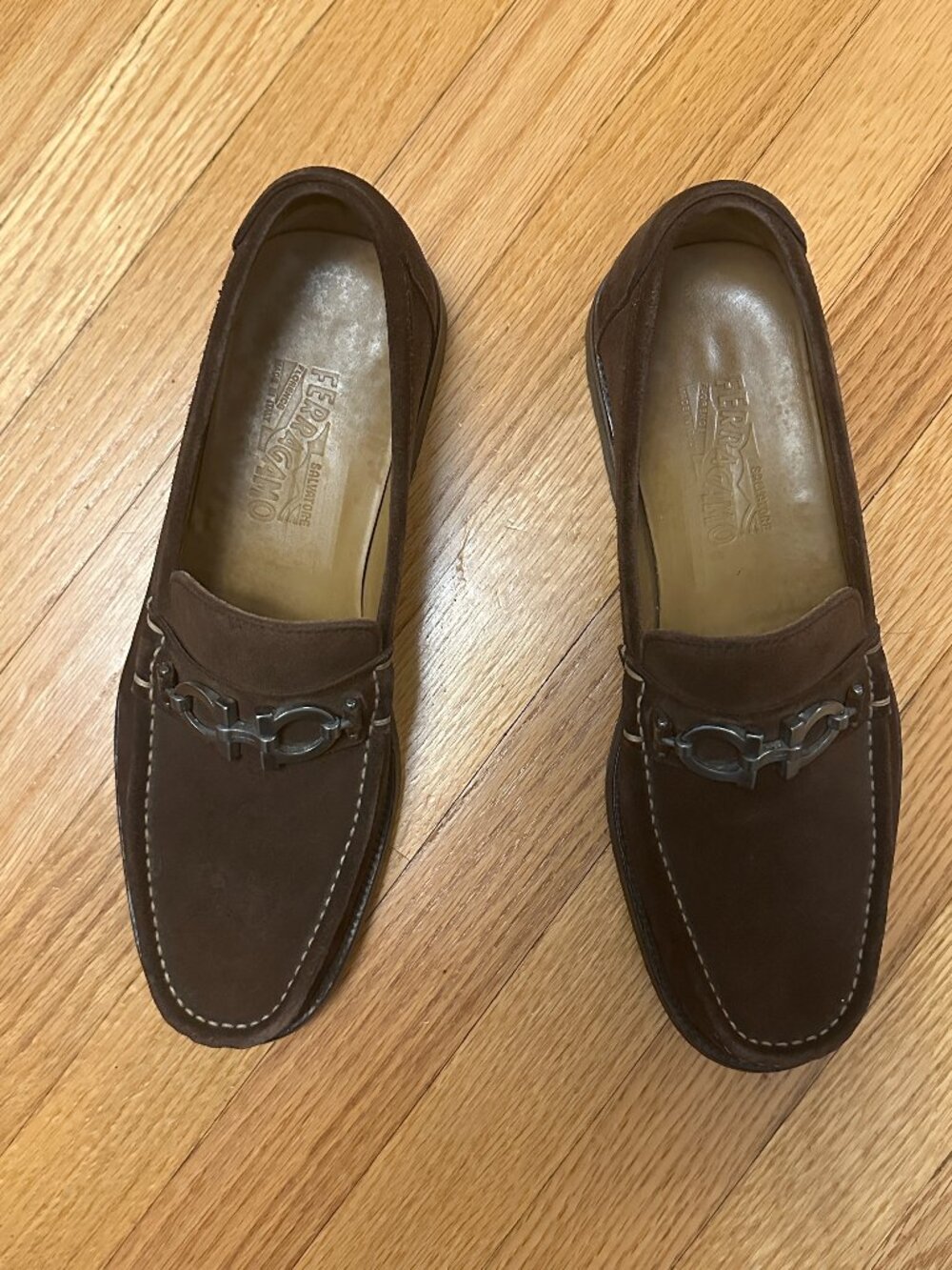 Salvatore Ferragamo Men’s Brown Suede Loafers with Gancini Buckle US Size 11